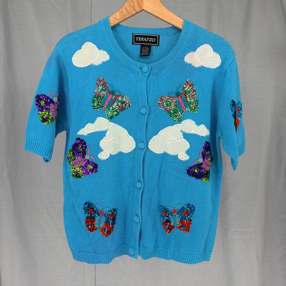 Terazzo Cardigan Sweater Small Blue Sequin Butterfly Cloud Short Sleeve Vintage